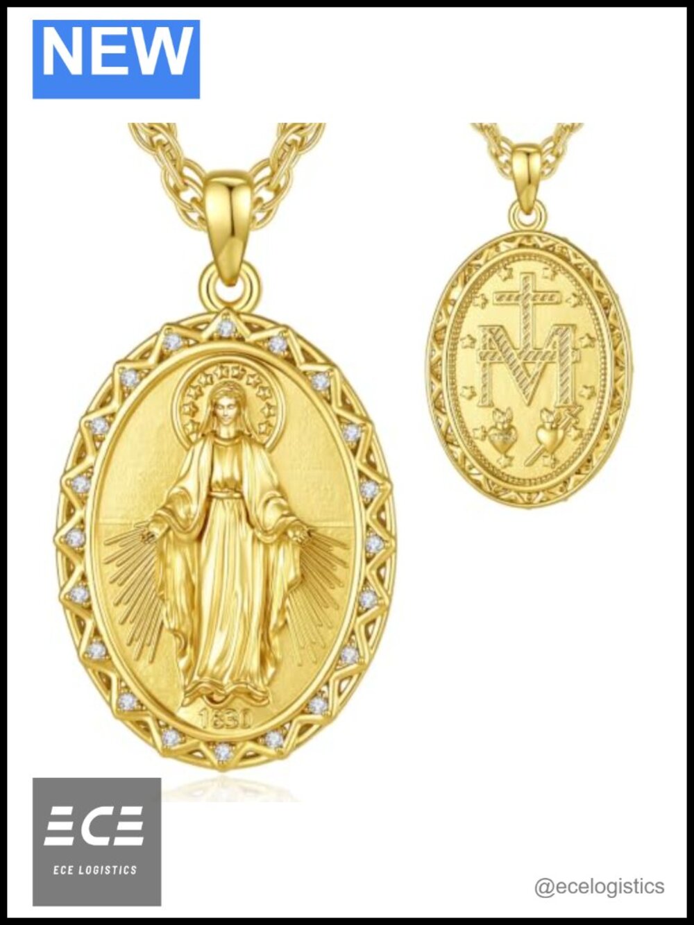 Miraculous Medal Necklace Gold Plated Stainless Steel Virgin Mary Pendant